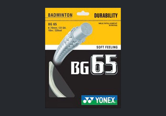 Yonex BG65 - World's most popular string, specially braided fiber increases string abrasion durability. String of choice for Current World Champion and Olympic Gold Medalist Hendra Setiawan. Price includes string and labor.